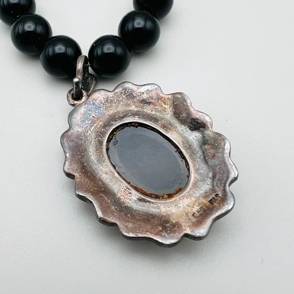 Vintage Mother of Pearl Cameo Sterling Silver Marcasite Frame Black Beaded Chain